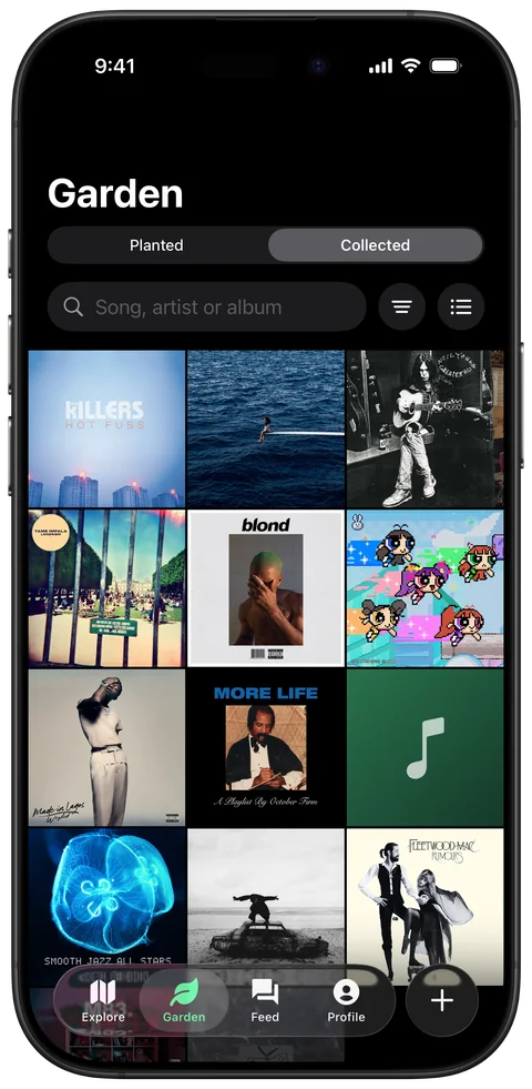 The Garden in Meadow: a grid of album covers for every song collected on walks.