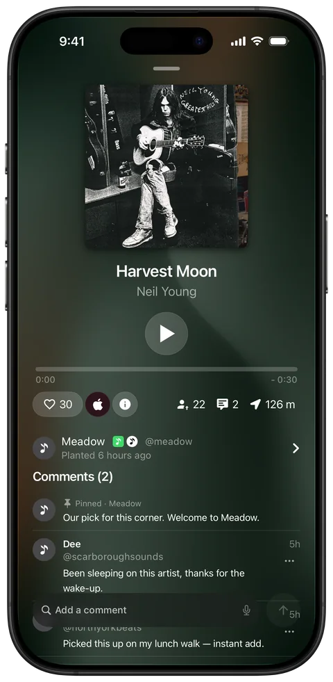 A seed opened in Meadow: Harvest Moon by Neil Young, 22 pickups, 126 m away, with a note pinned by Meadow and two comments.